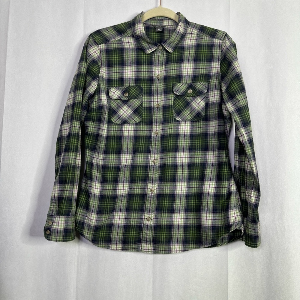 Eddie Bauer Lite Plaid Shirt Button Up Long Sleeve Green Purple Top
